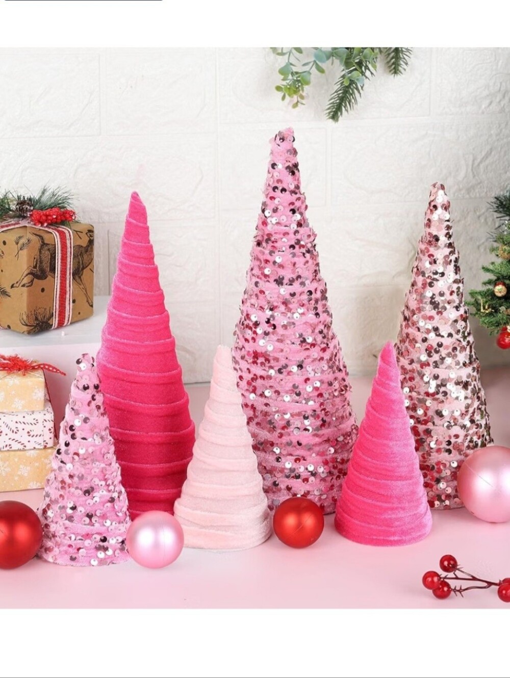 Set of 6 Pink Sequin Velvet Centerpice Christmas Trees Farmhouse Table Decor
